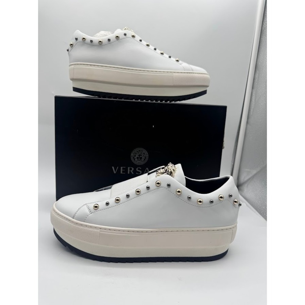 Versace‎ Womens Medusa Studded Slip On Sneakers White Leather EU 40 US 9 NIB